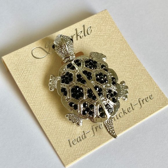 Crystal Sea Turtle Pendant Brooch Pin Necklace Silver Plated Black Cord 18" - Picture 3 of 12